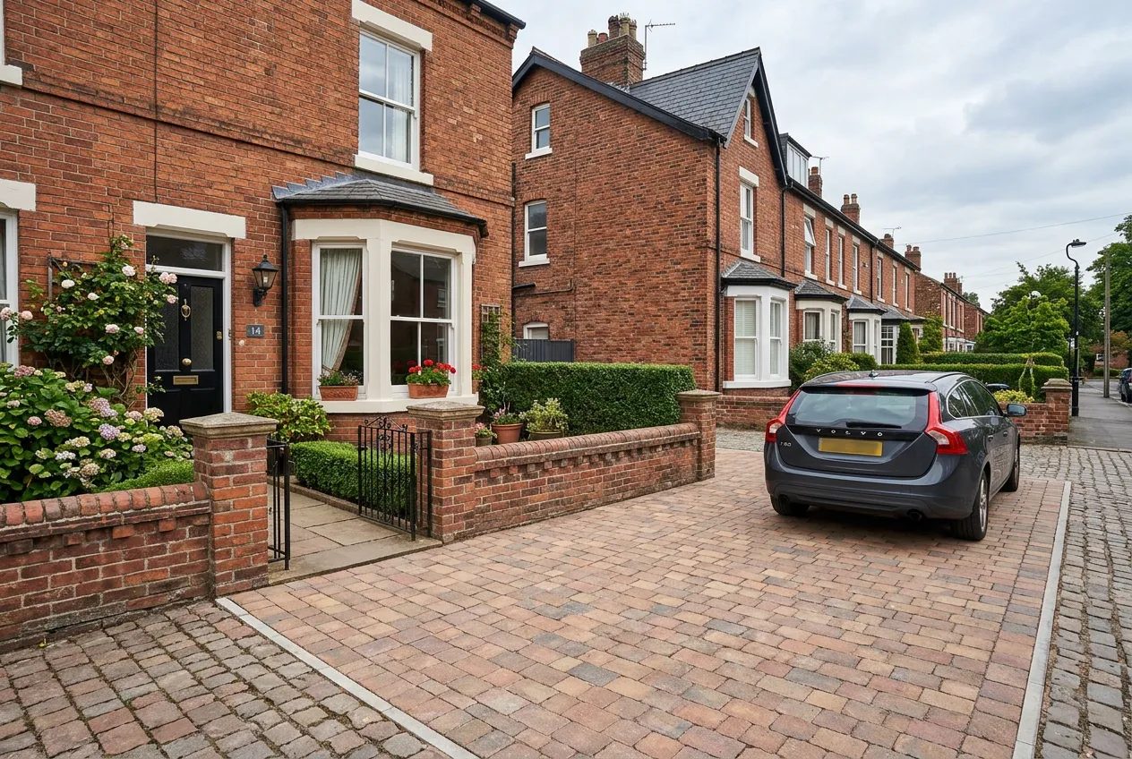 Red-brick Victorian terrace in Darlington with a newly laid brindle block paving driveway