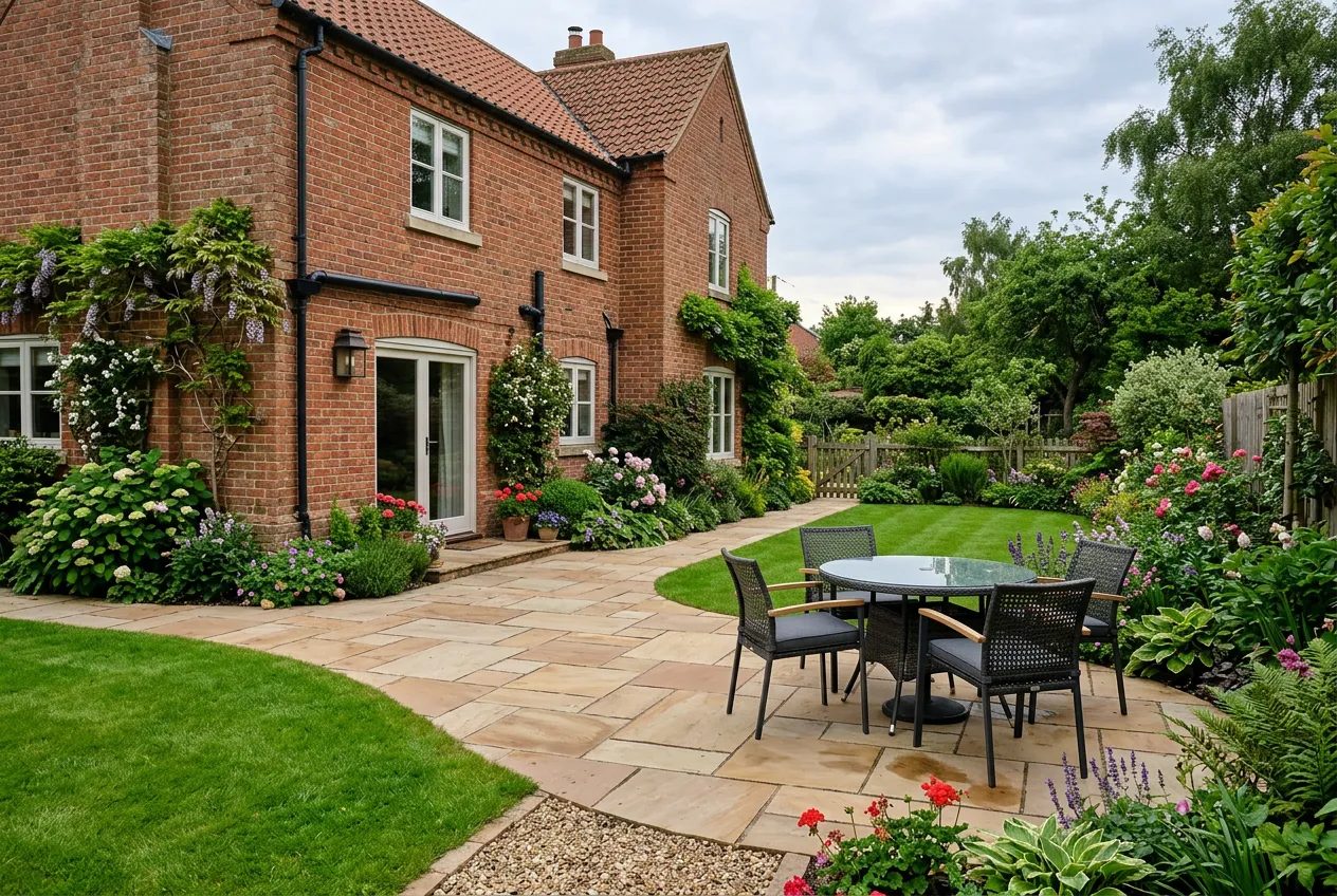 Natural sandstone patio behind a red-brick house