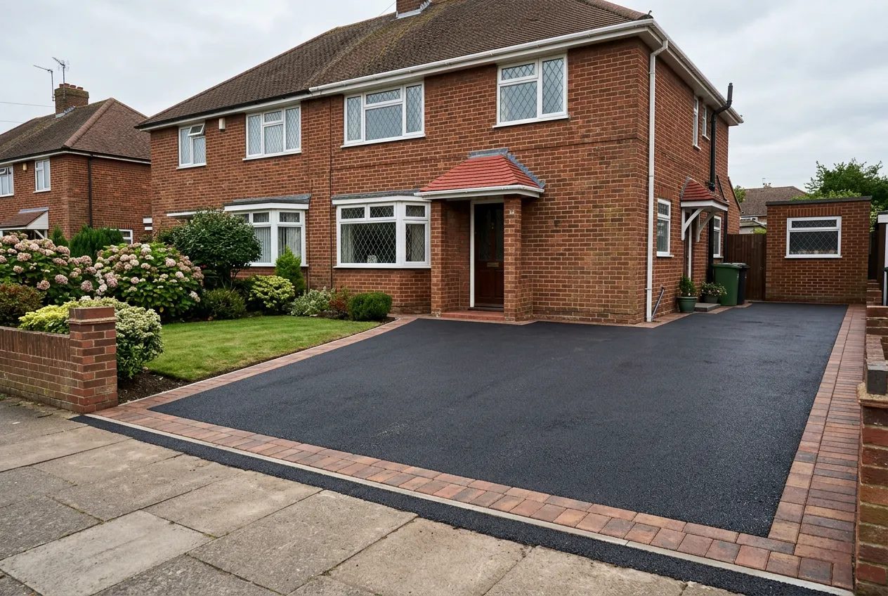 Fresh black tarmac driveway with brindle block paving edging on a red-brick semi